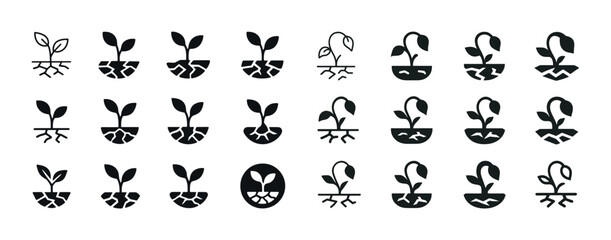 Obraz premium Silhouette icons of plant growth stages and planting styles
