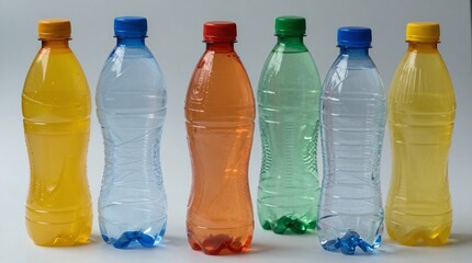 A row of colorful plastic bottles on a white surface