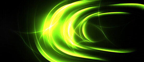 Bright green energy flows, curves radiate from dark background. Dynamic light creates abstract visual impact. Vivid, modern design.