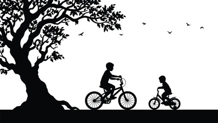 Obraz premium Children silhouette riding bicycles under tree with birds flying, black and white outdoor nature illustration, childhood freedom lifestyle concept