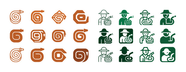 Abstract garden icons: hose and watering symbols in brown and green variations