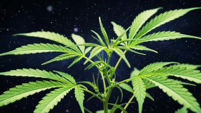 Close-up of a vibrant cbis plant against a cosmic, star-filled background.