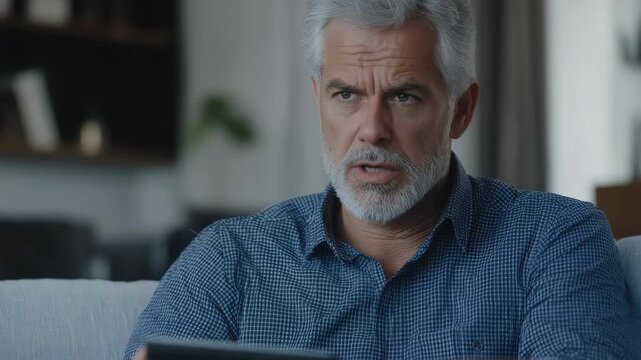 Man relaxing on the couch, holding a tablet, deep in thought or perhaps concerned about something on his device.