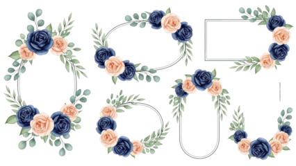 Set of watercolor floral frame bouquets of navy and peach roses and leaves. Botanic decoration illustration for wedding card, fabric, and logo composition