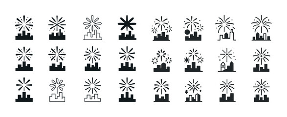 Obraz premium Set of fireworks icons with cityscape silhouettes in various styles