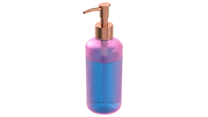 Elegant pink and blue soap dispenser with copper pump isolated PNG, stylish bathroom accessory on transparent background for design projects