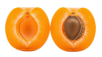 Two apricot halves isolated on transparent background, fresh orange fruit cut in half with and without pit, healthy eating PNG