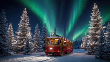 Vibrant aurora borealis illuminates snowy landscape with vintage trolley