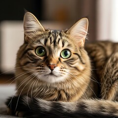 Fototapeta premium Attentive Tabby Cat with Striking Green Eyes Gazing Intently.