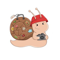 Cute cartoon snail wearing a red hat and holding a camera, with travel stickers on its shell. Travel and adventure themed illustration isolated on white background.