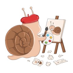 Cute cartoon snail painting a picture on an easel with a brush and palette. Creative art and hobby concept illustration isolated on white background.