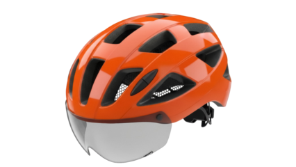 Orange bicycle helmet with visor isolated PNG on transparent background, safety gear for cycling and outdoor sports