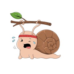 Cute cartoon snail struggling to carry a heavy branch. Concept illustration about effort, challenge, and hard work, isolated on white background.