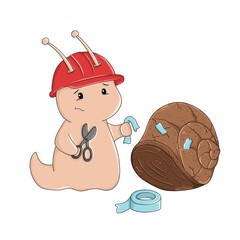 Cute cartoon snail repairing its cracked shell with tape and scissors. Concept illustration about self-care, repair, and vulnerability, isolated on white background.