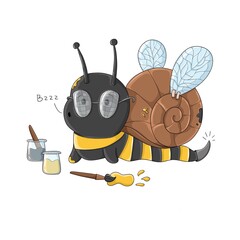 Cute cartoon snail dressed as a bee making honey with wings and jars nearby. Funny hybrid animal illustration isolated on white background.