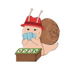 Cute cartoon snail wearing a hat and playing cards at a table. Gambling, strategy, or game concept illustration isolated on white background.
