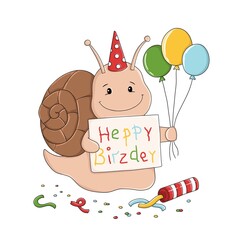 Cute cartoon snail wearing a party hat and holding balloons and a birthday sign. Festive birthday illustration isolated on white background.