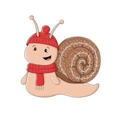 Cute cartoon snail wearing a warm hat and scarf with decorative shell pattern. Cozy winter illustration isolated on white background.