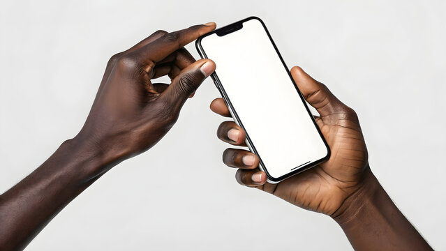 Person's hands holding a modern smartphone with a blank white screen against a clean background