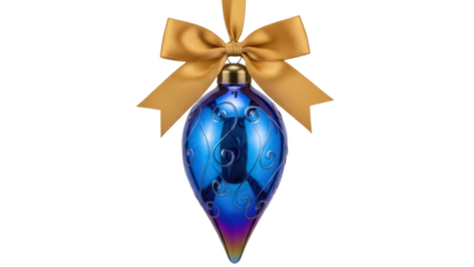 Blue teardrop Christmas ornament with gold ribbon isolated PNG, festive holiday decoration for seasonal design and graphic elements