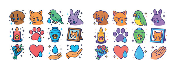 Colorful pet memorial icons: dogs, cats, birds, rabbits, and symbols of remembrance