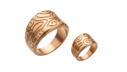 Two gold rings with abstract patterns isolated PNG, jewelry fashion accessories for women and men on transparent background