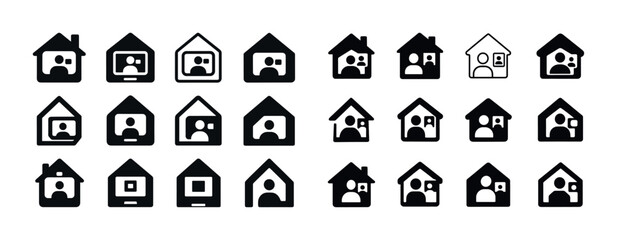 Monochrome house icon set with people symbols representing family and home concepts