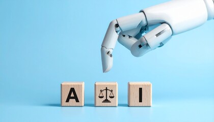 Robotic hand touches AI blocks with justice symbol on blue.