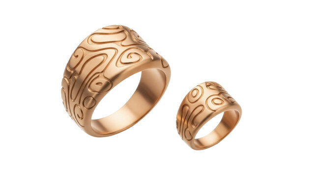 Two gold rings with abstract patterns isolated PNG, jewelry fashion accessories for women and men on transparent background