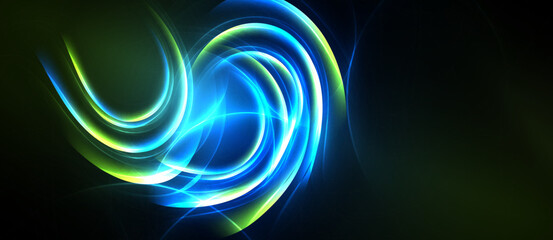 Obraz premium Bright swirling lights create abstract energy flow. Vivid blue, green hues dominate dark background. Dynamic composition suggests movement, power.