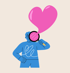 Boy holding a magnifying glass looking for love. Colorful vector illustration