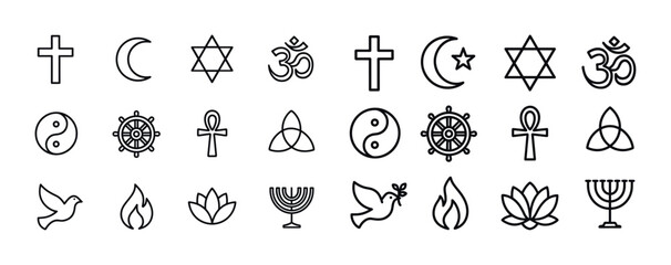 Set of religion symbols: cross, star, om, ying yang, wheel, ankh, dove, fire, lotus, menorah