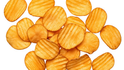 Golden rippled potato chips isolated PNG on transparent background, crispy snack food for party and picnic, delicious appetizer