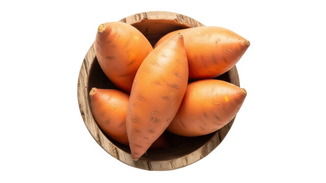 Sweet potatoes in wooden bowl isolated PNG, orange yams on transparent background, healthy root vegetables for cooking and nutrition