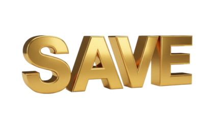 Golden 3D save text isolated PNG on transparent background, financial concept for savings and investment promotion