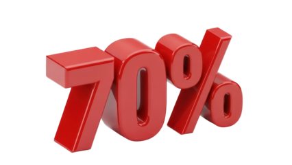 Shiny red 70 percent sign isolated PNG, promotional sale discount graphic for marketing campaigns and advertising materials