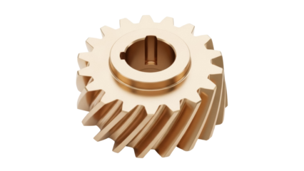 Golden helical gear isolated PNG on transparent background, cogwheel component for mechanical engineering and industrial applications