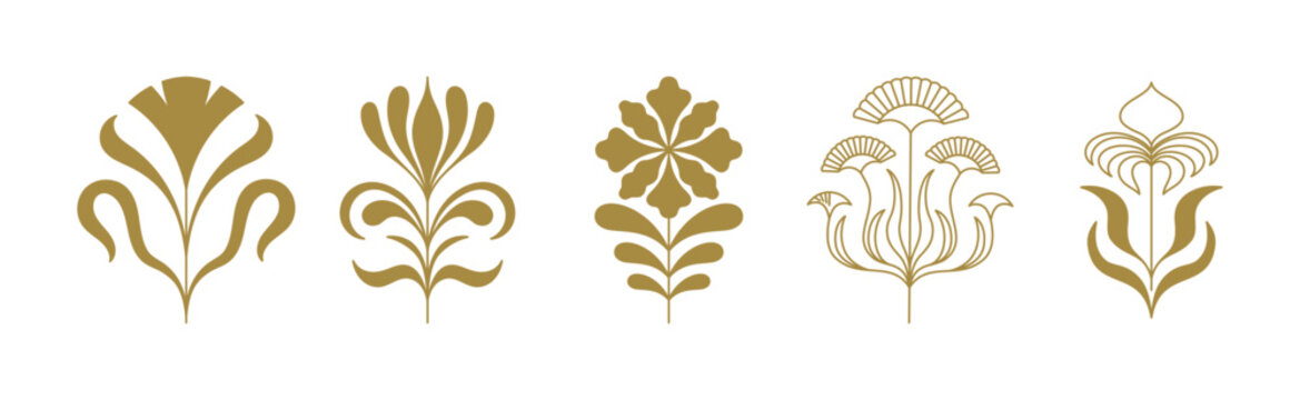 Vector set of logo design templates and graphic elements, organic cosmetics, floral illustration in simple linear hand drawn style, plants and flowers, natural products emblems