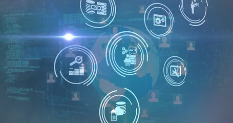 Spot of light and digital icons against globe and data processing on blue background - Powered by Adobe