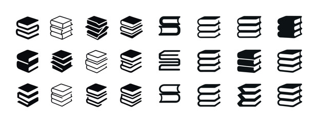 Variety of book icon designs: bold stacked and open books illustrations