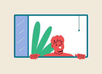 Smiling boy peeking out of window. Curiosity interest concept. Colorful vector illustration