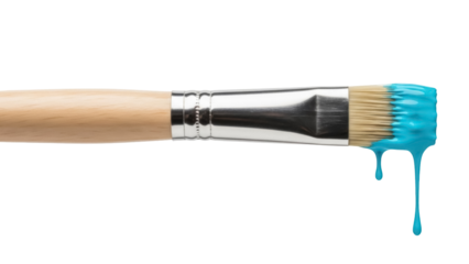 Paint brush with blue paint dripping isolated PNG, creative tool for painting and decorating on transparent background