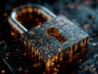 Digital padlock symbolizing cybersecurity surrounded by glowing circuits on a dark background.