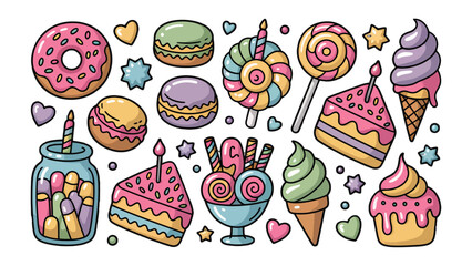 Sweet Dreams: A vibrant array of delectable treats, from glazed doughnuts and delicate macarons to swirl lollipops and celebratory cake slices, offering a symphony of colors and tempting delights. 
