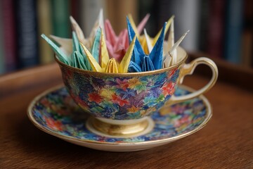 Teacup Filled With Folded Paper Cranes