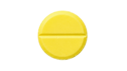 Yellow round pill isolated PNG on transparent background, medication tablet for health and pharmaceutical use, single object