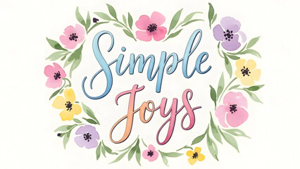 Watercolor lettering Simple Joys surrounded by soft brush floral pattern. Calligraphy text Simple Joys includes delicate flowers and green leaves arranged in wreath design.