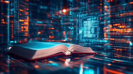 Open book resting on reflective surface surrounded by glowing futuristic code and digital data streams, symbolizing integration of traditional education with modern technology and AI.