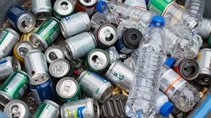 A pile of recyclable waste including aluminum cans and plastic bottles