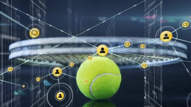 Animation of network of connections with icons over tennis racket and ball